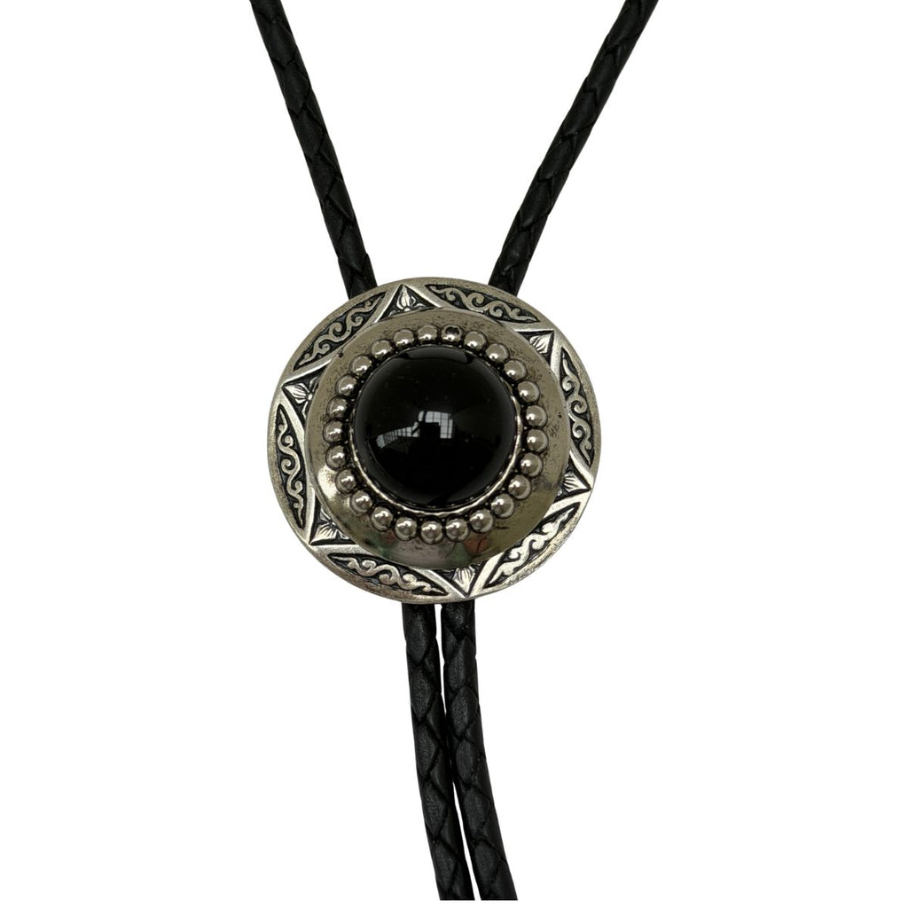 Bolo tie accessory for Western Event or Wedding.  Silver with Black Cabochon