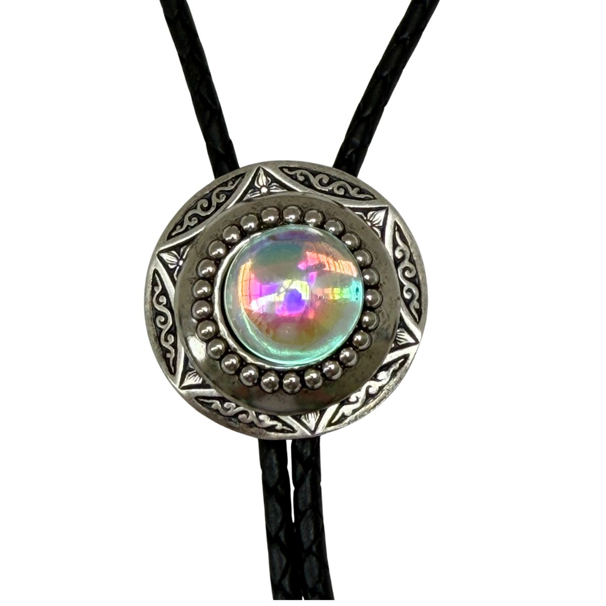 This Classic Legacy Bolo tie with a colorful iridescent gemstone and silver metalwork is perfect to wear to a Western-Themed wedding or event.