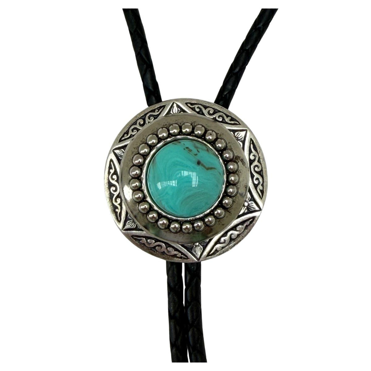 Bolo Tie | Round Silver Setting  | Accessory for Western Weddings and Events | Colorful Cabochon Center