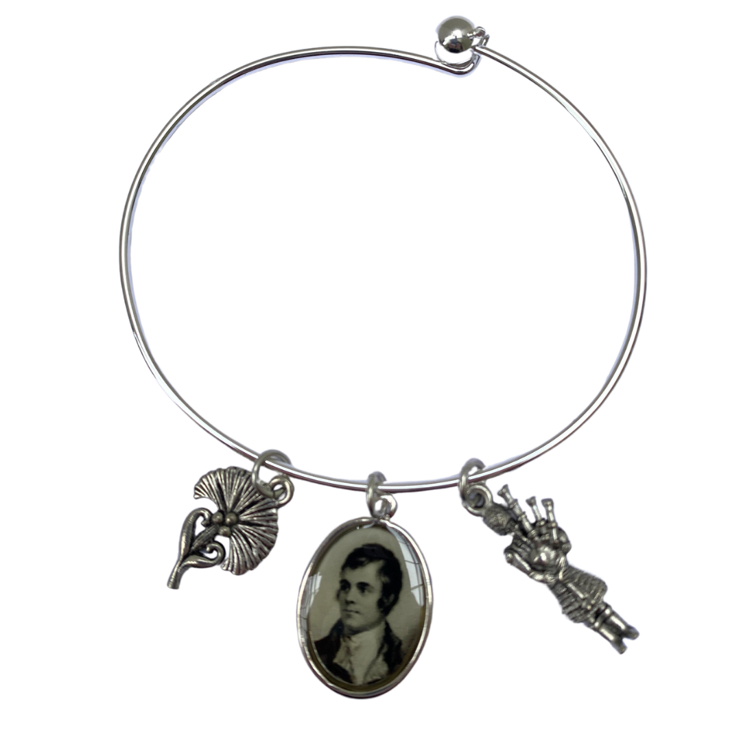 Scottish Charm bracelet with silver thistle, Robert Burns, and Bagpipper