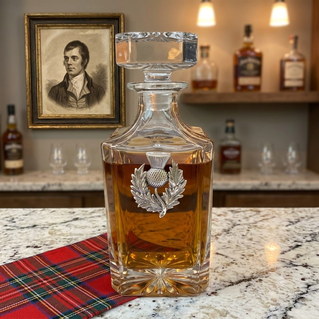 Decanter with Silver Scottish Thistle Gift for Scottish Bourbon lover of Whiskey  Perfect gift for Robert Burns Night Dinner. 