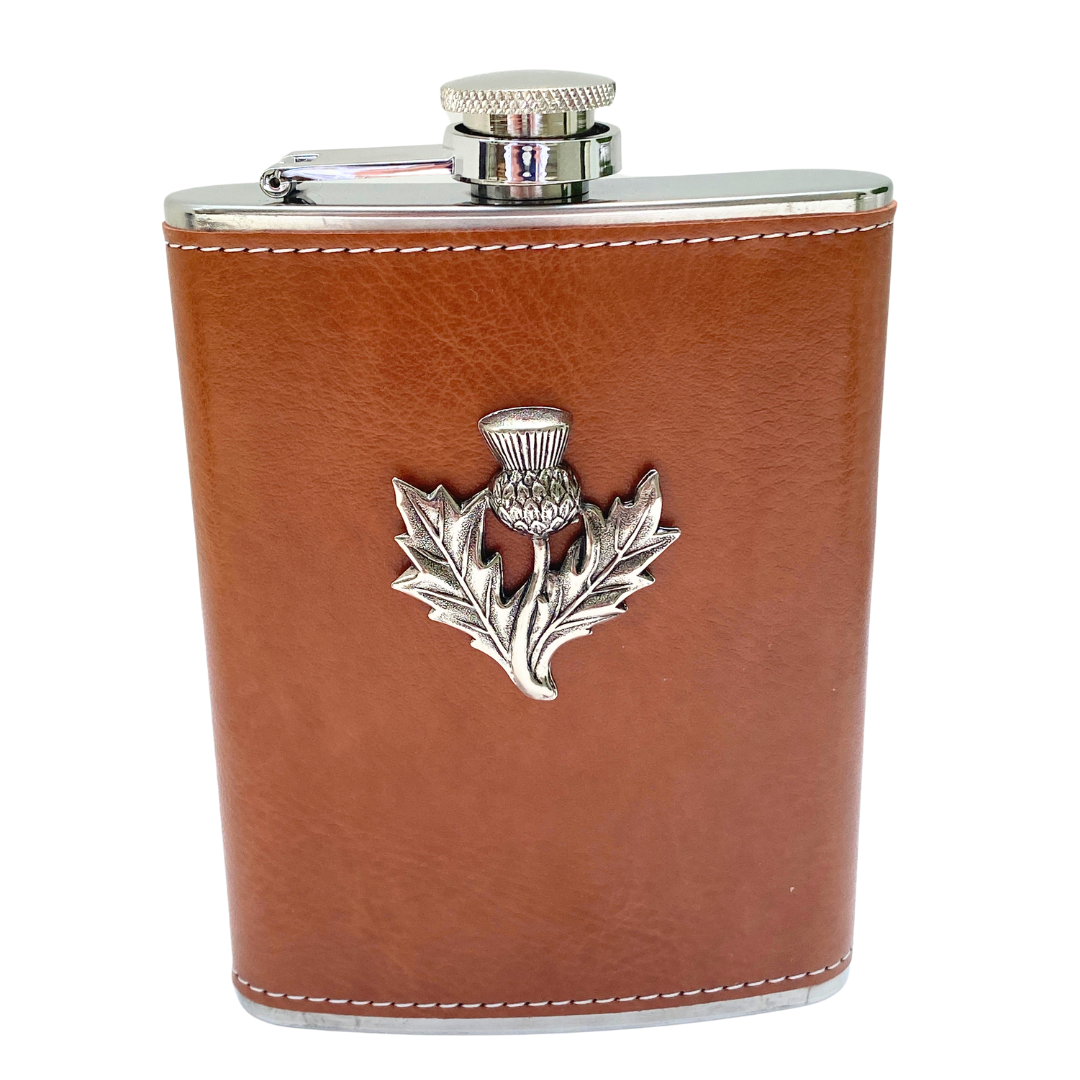 Leather Flask Silver Scottish Thistle | Gift for lover of Scotland