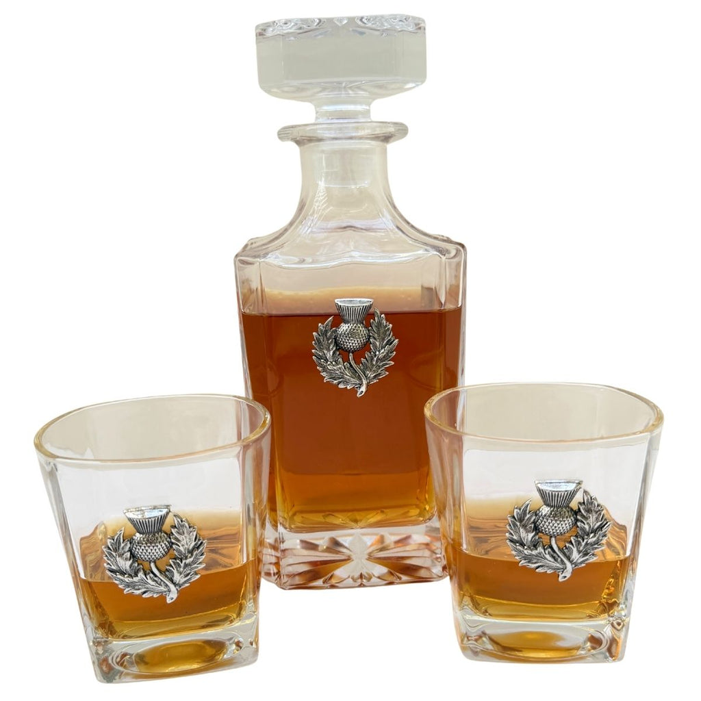 Scottish Thistle Decanter Set includes a large decanter and two bourbon glasses