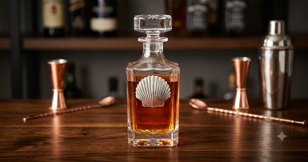 Decanter with Silver Sea Shell Gift for Bourbon lover  Shown on wooden table.