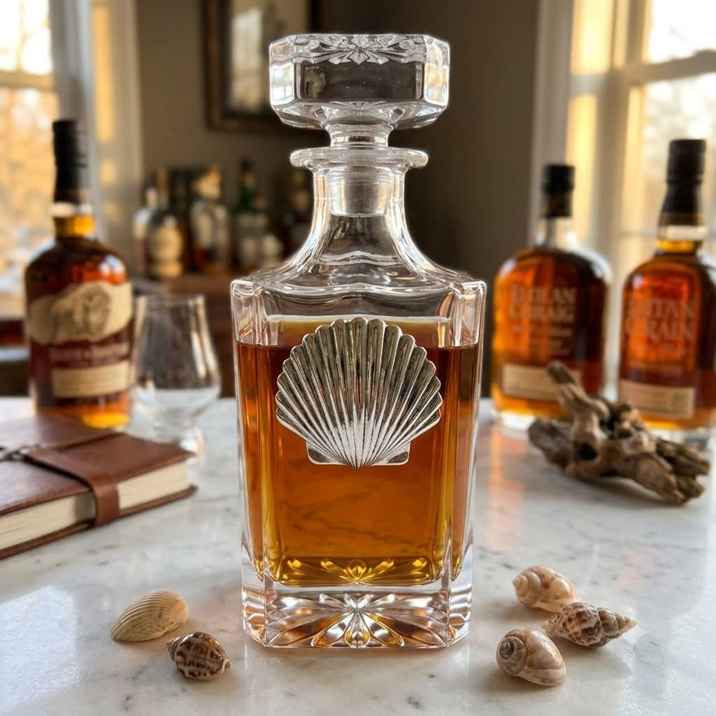 Decanter with Silver Sea Shell Gift for Bourbon lover   Shown in home bar setting