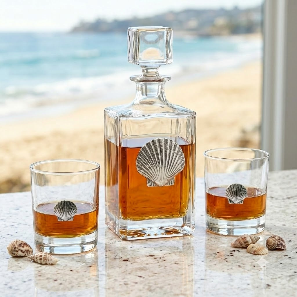 A clear glass decanter and two matching rocks glasses filled with amber liquor, each decorated with a silver shell motif, arranged on a stone surface with seashells and a blurred beach background.