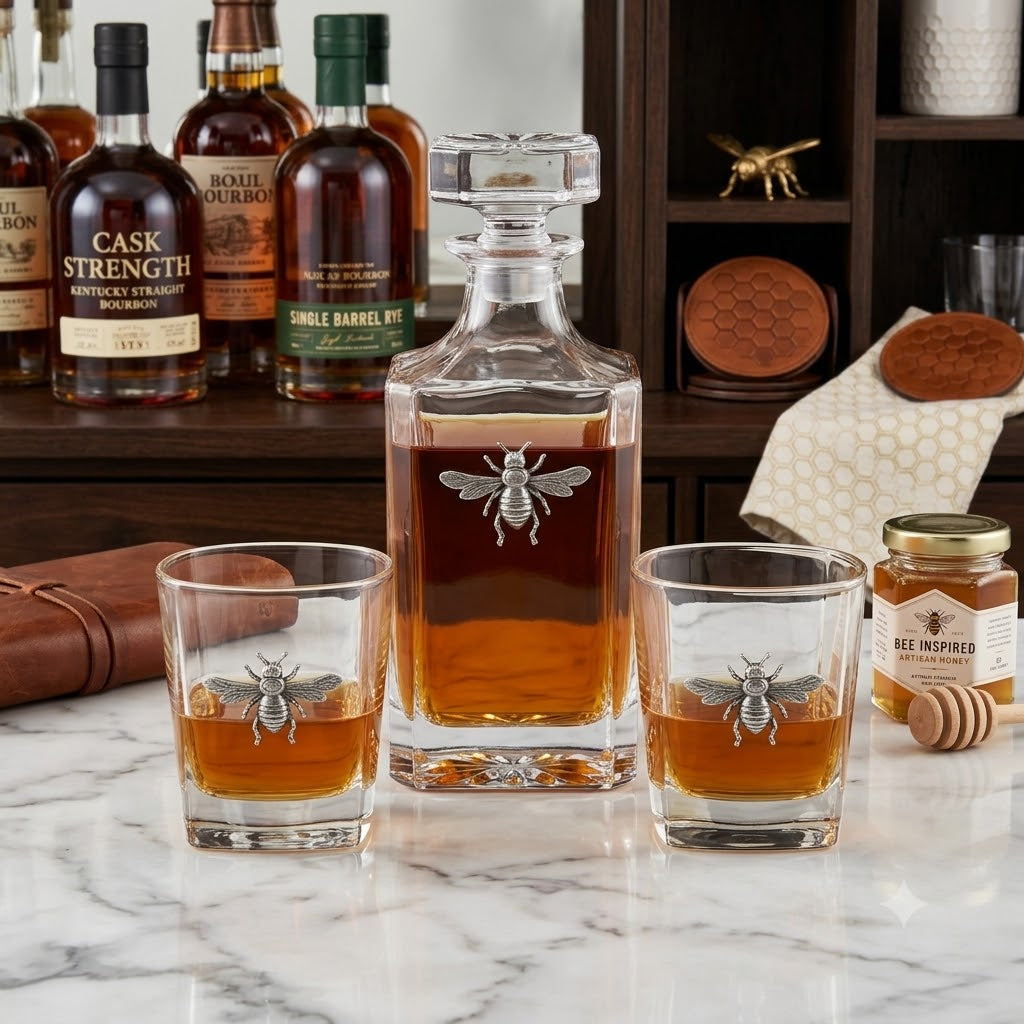 Silver Bee Decanter Set Gift for Bee lover and Beekeeper includes 2 glasses and decanter.   Great gift for bee lover and beekeeper.