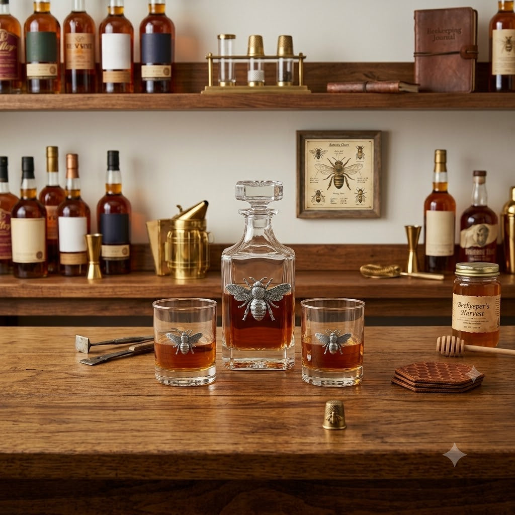 Silver Bee Decanter Set Gift for Bee lover and Beekeeper includes 2 glasses and decanter.   Shown Sitting on Wood counter