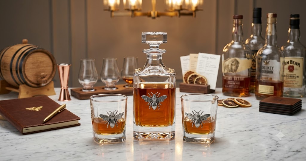 Silver Bee Decanter Set Gift for Bee lover and Beekeeper includes 2 glasses and decanter Shown sitting on white marble counter