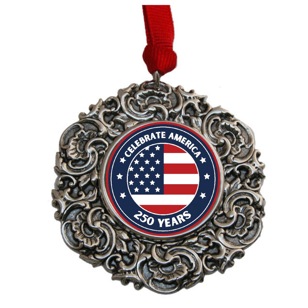 Silver Christmas Ornament to Celebrate 250 Anniversary of America Blue Background