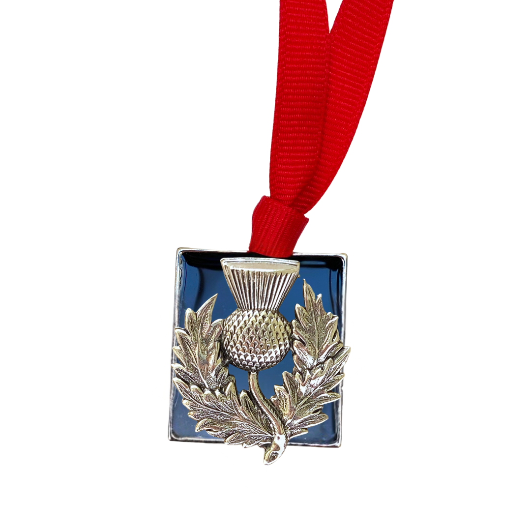 Silver Scottish Thistle Christmas Ornament with Red Ribbon
