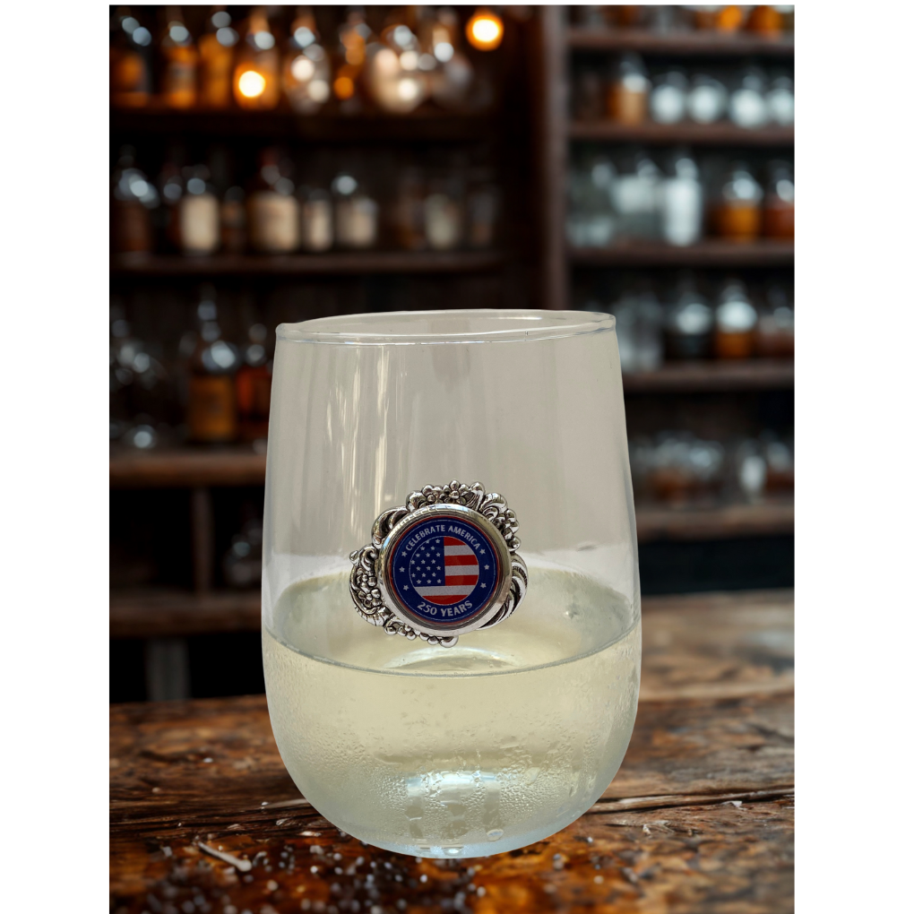 stemless wine glass America 250 in home bar