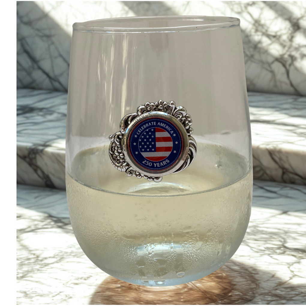 Stemless Wine Glass America 250 on marble counter