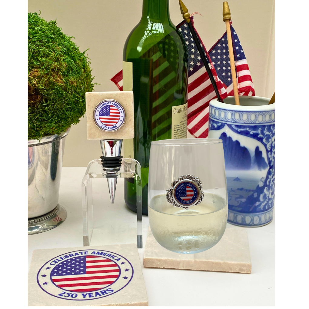 Group of America 250 Gifts including stemless wine glass, bottle stopper, and marble coaster