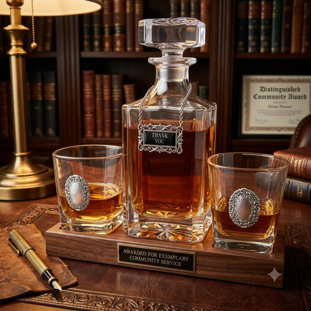 A clear glass  Thank You theme whiskey decanter and two matching rocks glasses on a wooden presentation tray, filled with amber liquor. The set is displayed in a warm, rustic library setting with bookshelves, a brass lamp, and a pen on a leather pad.