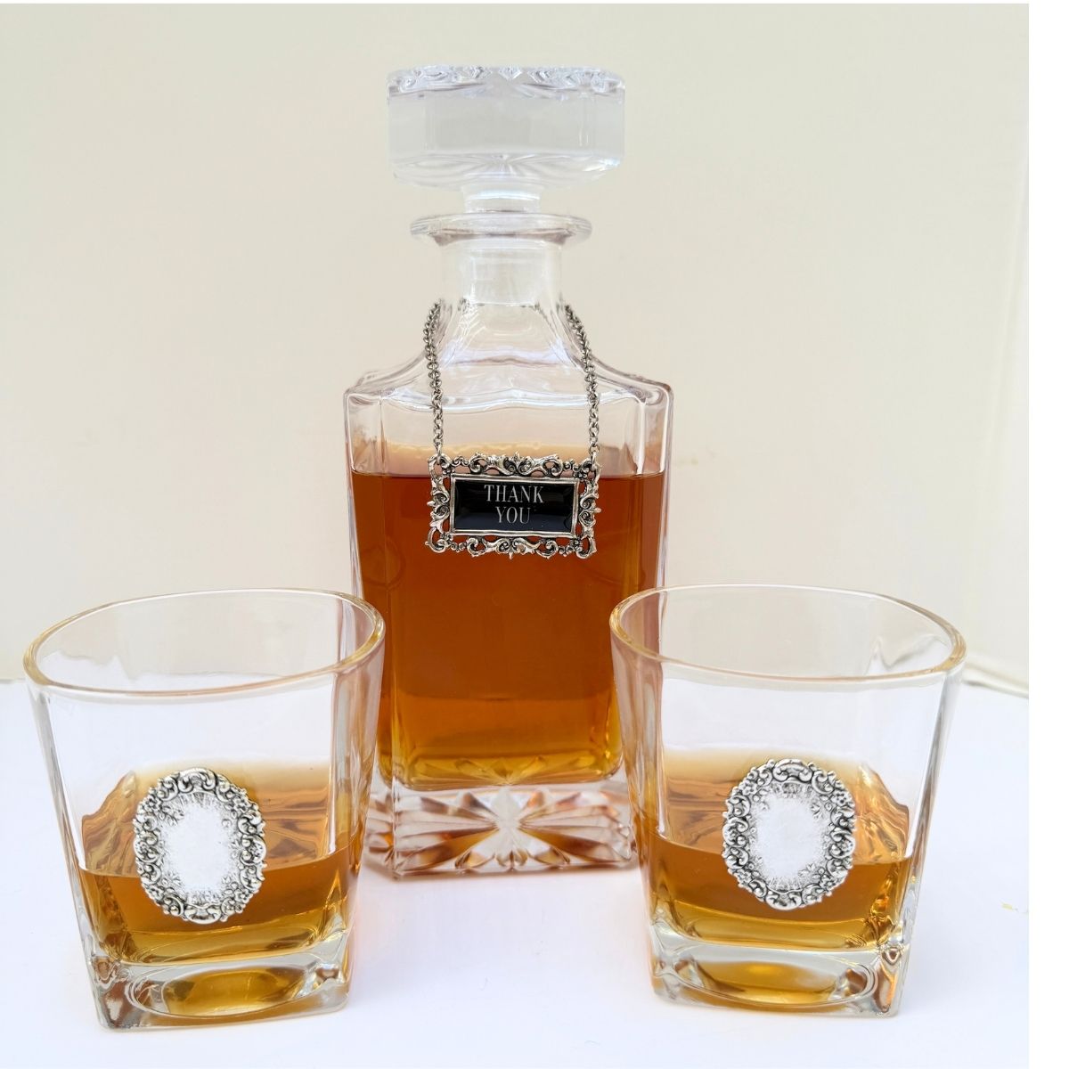 Thank you decanter set include a large decanter and two glasses plus the "Thank you" decanter marker.  