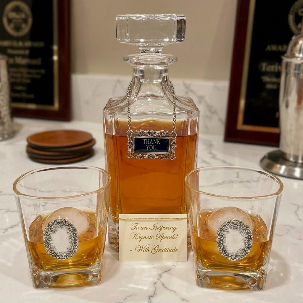 A Thank you decanter set  clear glass decanter filled with amber liquid stands on a marble surface, flanked by two matching clear glasses with large ice spheres and a small card in front. The decanter has an ornate silver-toned label reading THANK YOU, and the glasses have matching decorative circular cutouts.