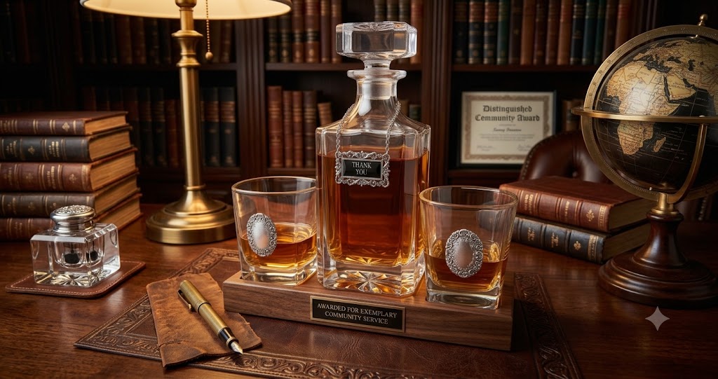 A luxury Thank You  whiskey decanter and two matching engraved whiskey glasses displayed on a wooden presentation tray in a vintage library setting.