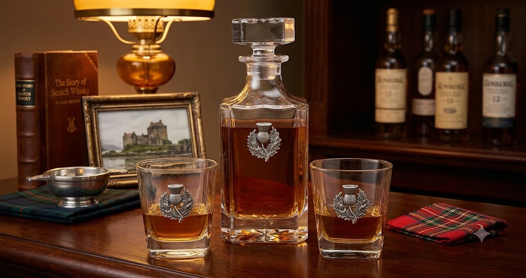 A clear glass whisky decanter and two matching rocks glasses with engraved silver thistle emblems, filled with amber whisky, displayed on a wooden table with a lamp, books, and whisky bottles in the background.