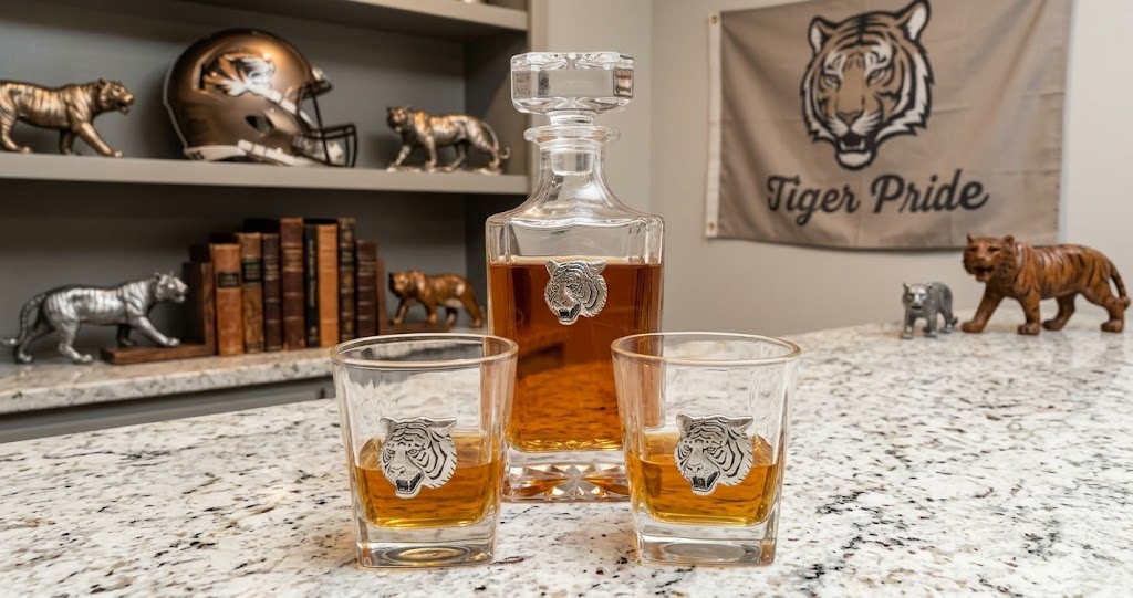 A clear glass whiskey decanter and two matching rocks glasses with etched tiger head logos, filled with amber liquor, displayed on a speckled countertop. The background shows a shelf with football helmets, books, and a Tiger Pride banner.