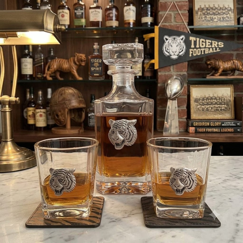 The Classic Legacy Tiger Decanter Set includes a large decanter and two matching bourbon glasses.  Each features a large silver tiger head.  This is a great gift for a tiger fan.
