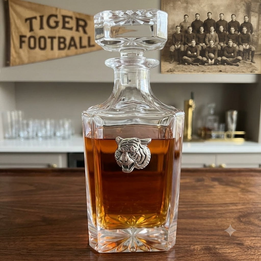 Tiger Decanter featuring silver tiger head.  This is a great gift for a tiger football fan and a bourbon lover