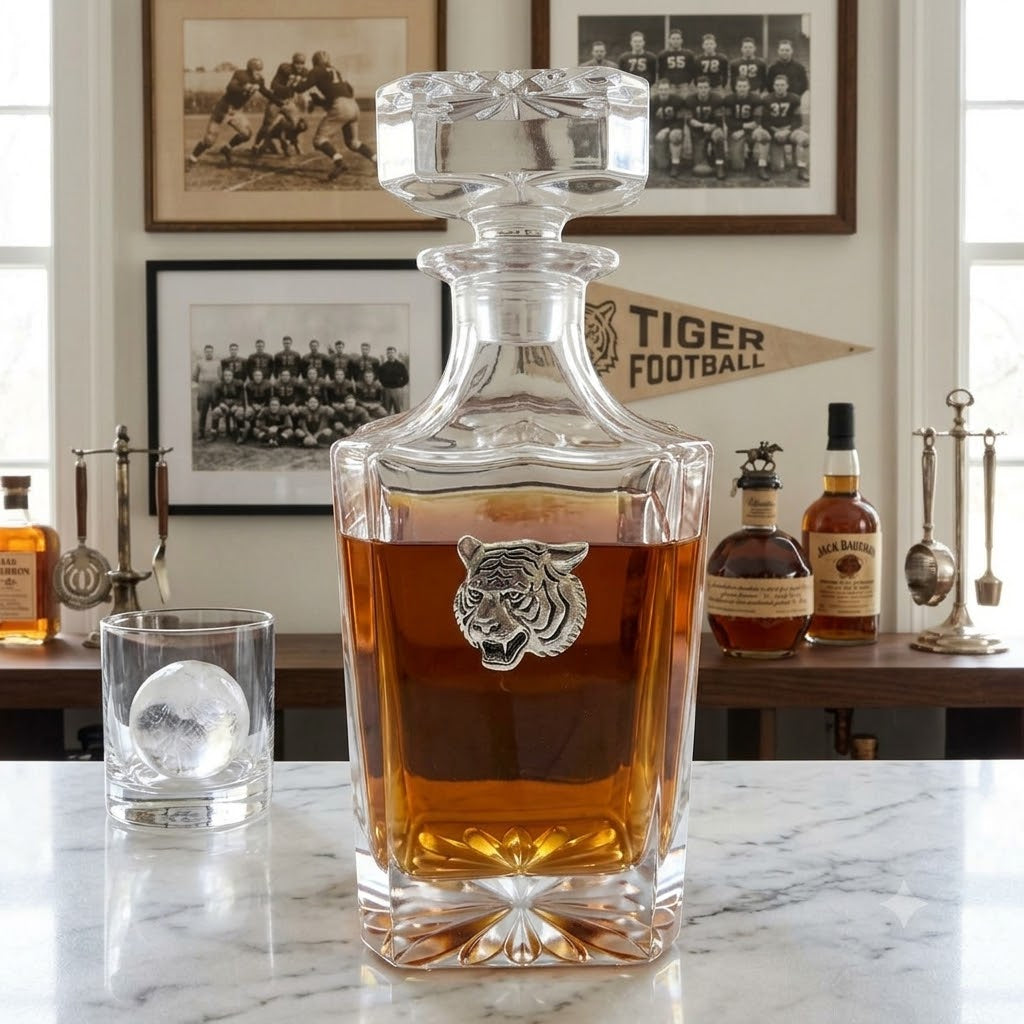 Tiger Decanter featuring silver tiger head.  This is a great gift for a tiger football fan and a bourbon lover