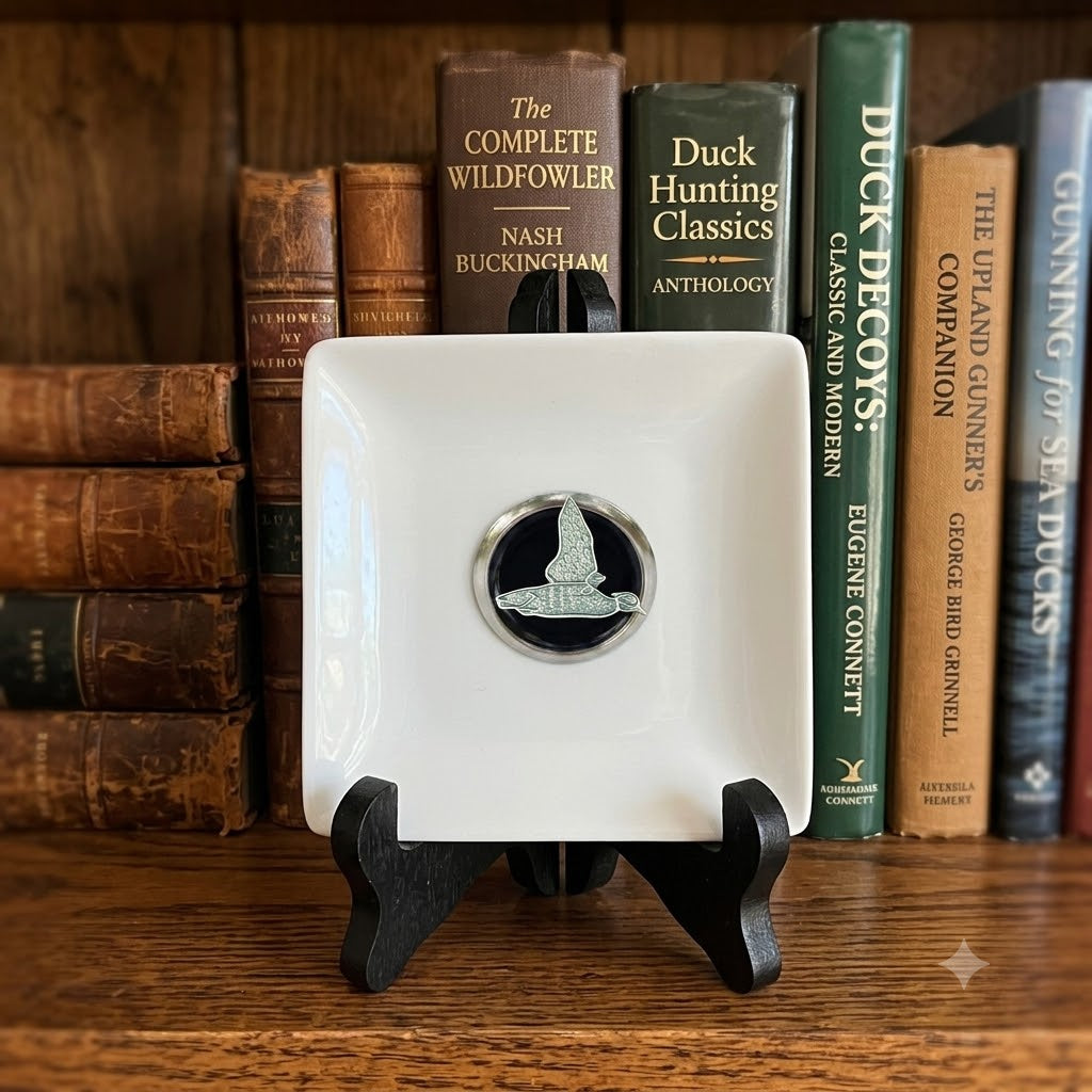 Our duck hunter theme trinket tray is white porcelain and features a large silver medallion with black enamel and a silver duck.   This is a great gift for a duck hunter and duck lover. 
