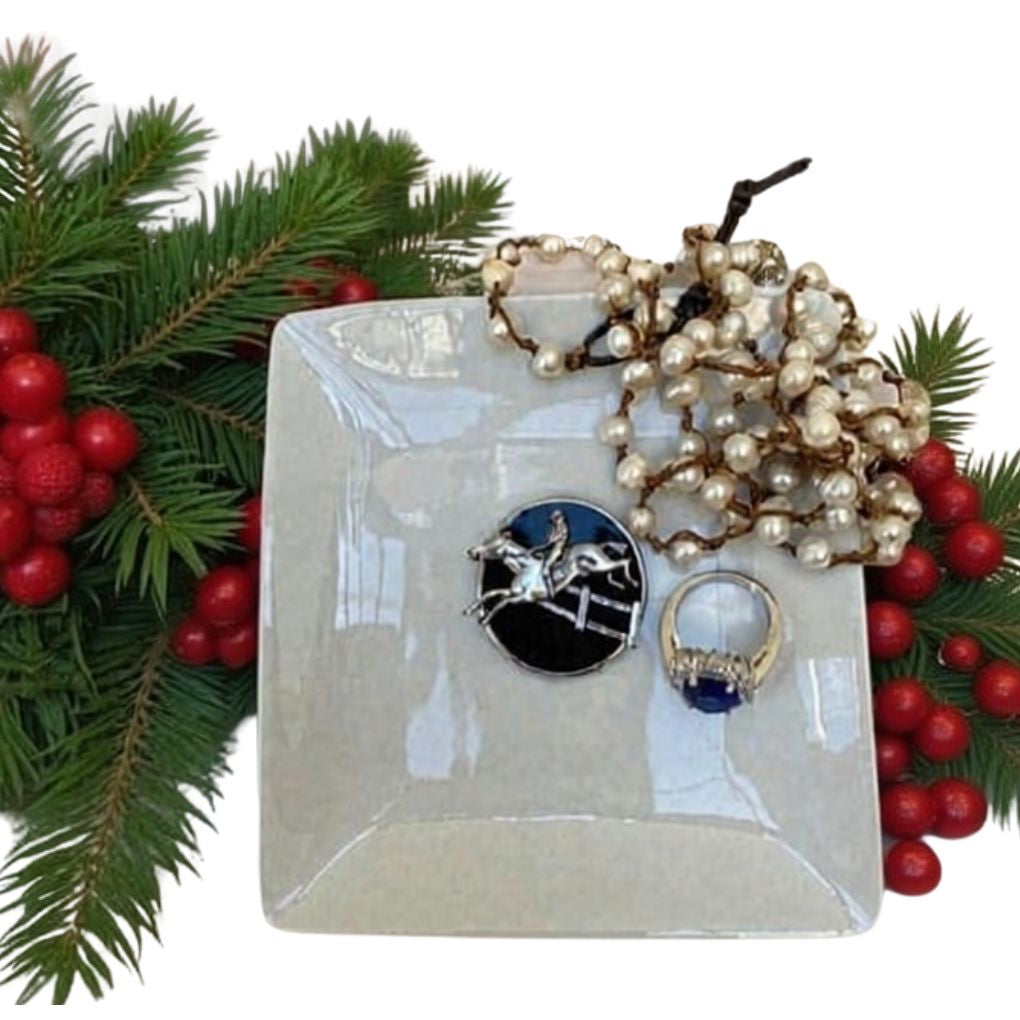 Trinket Tray, White Porcelain Dish,  Silver Horse Jumper Medallion