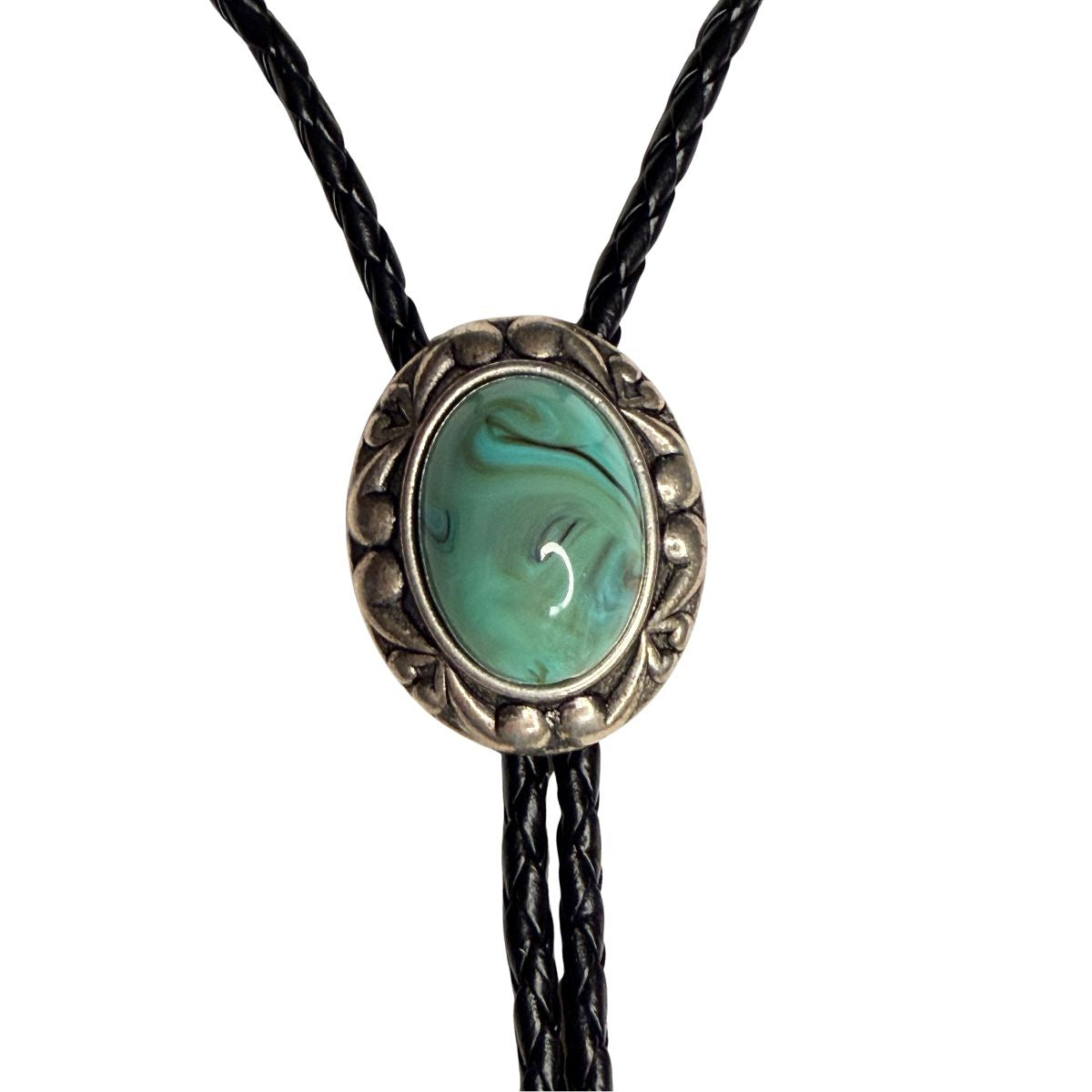 Turquoise stone bolo tie on a white background
