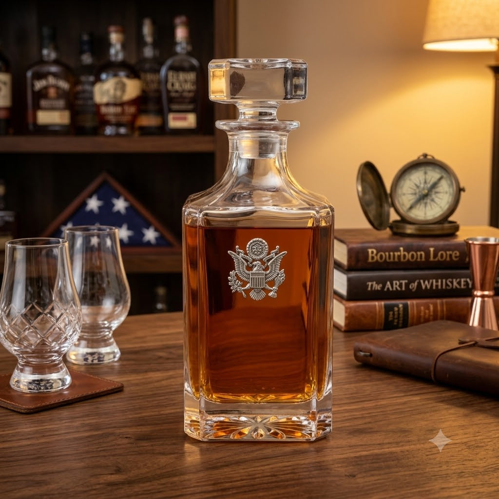 Decanter with Silver USA seal Gift for USA patriot and USA military member.  This is a gift for a bourbon lover.