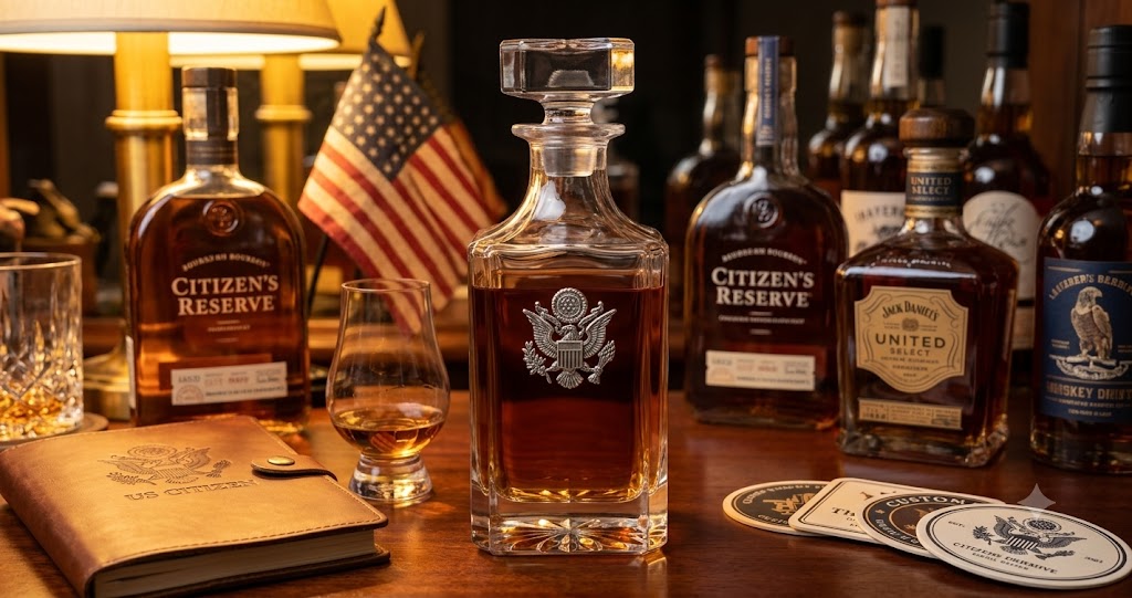 Decanter with Silver USA seal Gift for USA patriot and USA military member.  This is a gift for a bourbon lover.