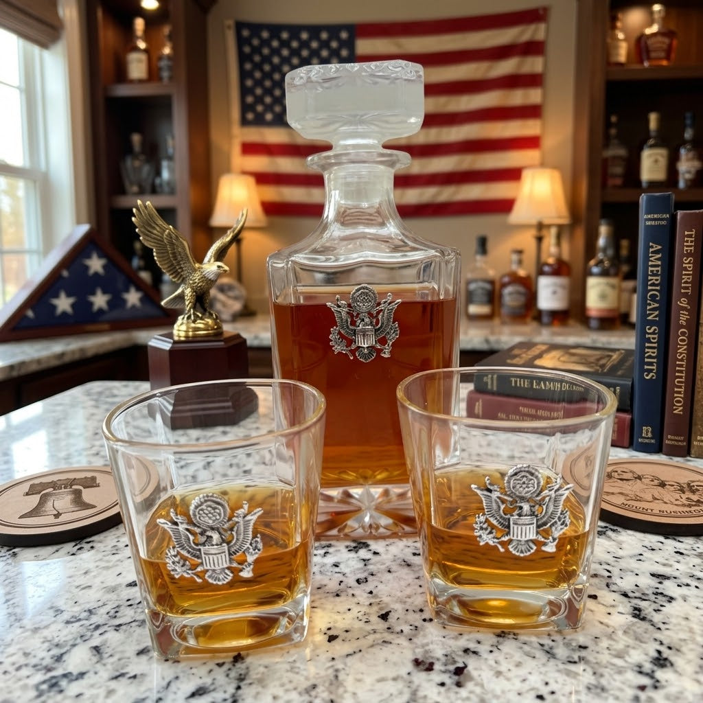 A clear glass decanter and two matching lowball glasses with silver eagle emblems, filled with amber liquor, displayed on a granite countertop in a bar setting with an American flag and bottles in the background.