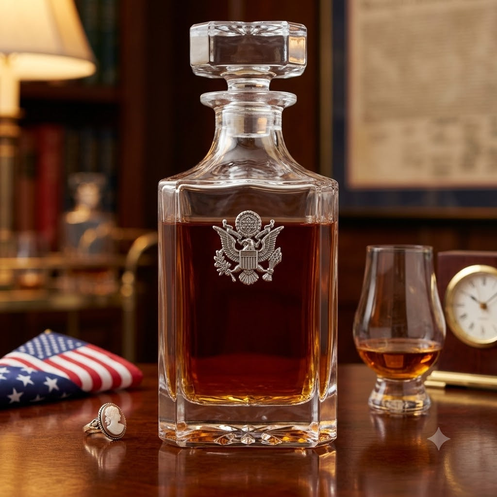 Decanter with Silver USA seal Gift for USA patriot and USA military member.  This is a gift for a bourbon lover.