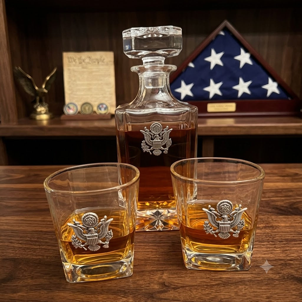 A clear glass whiskey decanter and two matching whiskey glasses with silver-toned eagle emblems, filled with amber liquor, displayed on a wooden surface with a dark wood shelf and folded U.S.