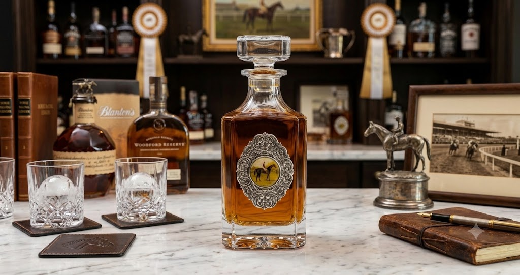 Decanter with Silver Medallion and vintage racehorse art.  This is a great gift for a racehorse fan and bourbon lover.  