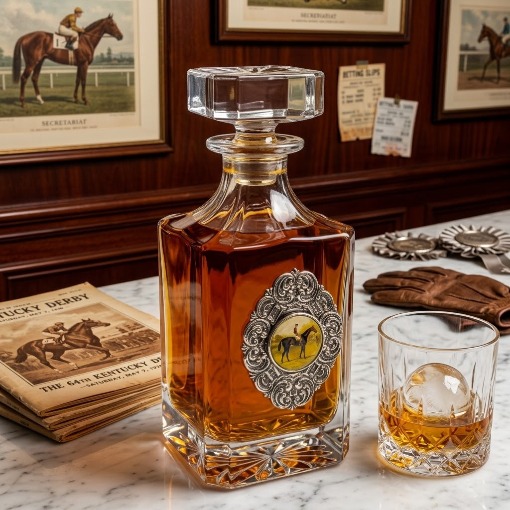 Decanter with Silver Medallion and vintage racehorse art.  This is a great gift for a racehorse fan and bourbon lover.   It is a great gift for the Kentucky Derby.