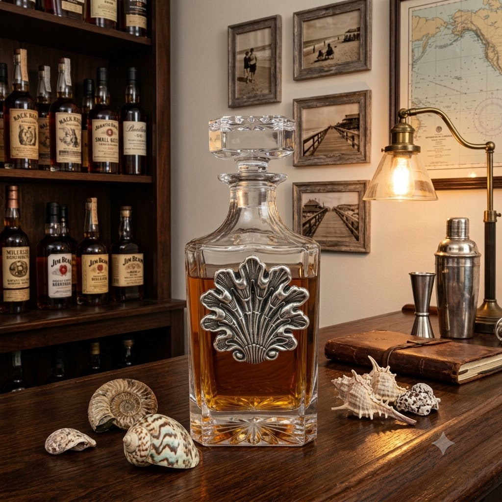 Decanter with Vintage sea shell medallion Gift for beach lover.  Shown in home bar of bourbon lover.