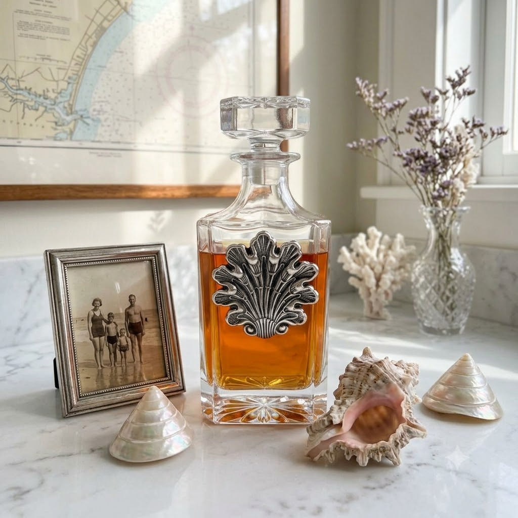 Decanter with Vintage sea shell medallion Gift for beach lover.