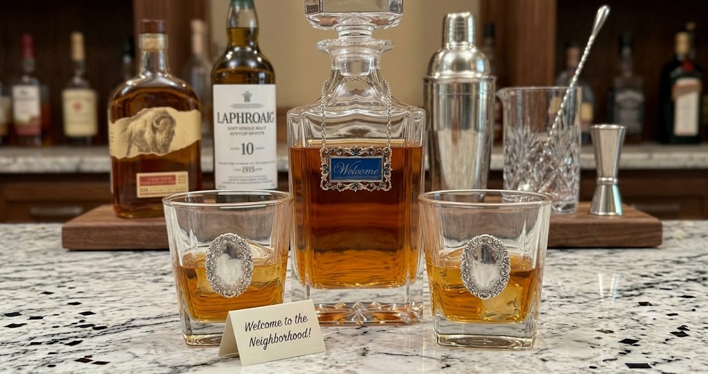 A Welcome Decanter Set whiskey decanter and two rocks glasses filled with amber liquor on a marble countertop, with liquor bottles and bar tools blurred in the background. A small sign in front reads 'Welcome to the Neighborhood!'.