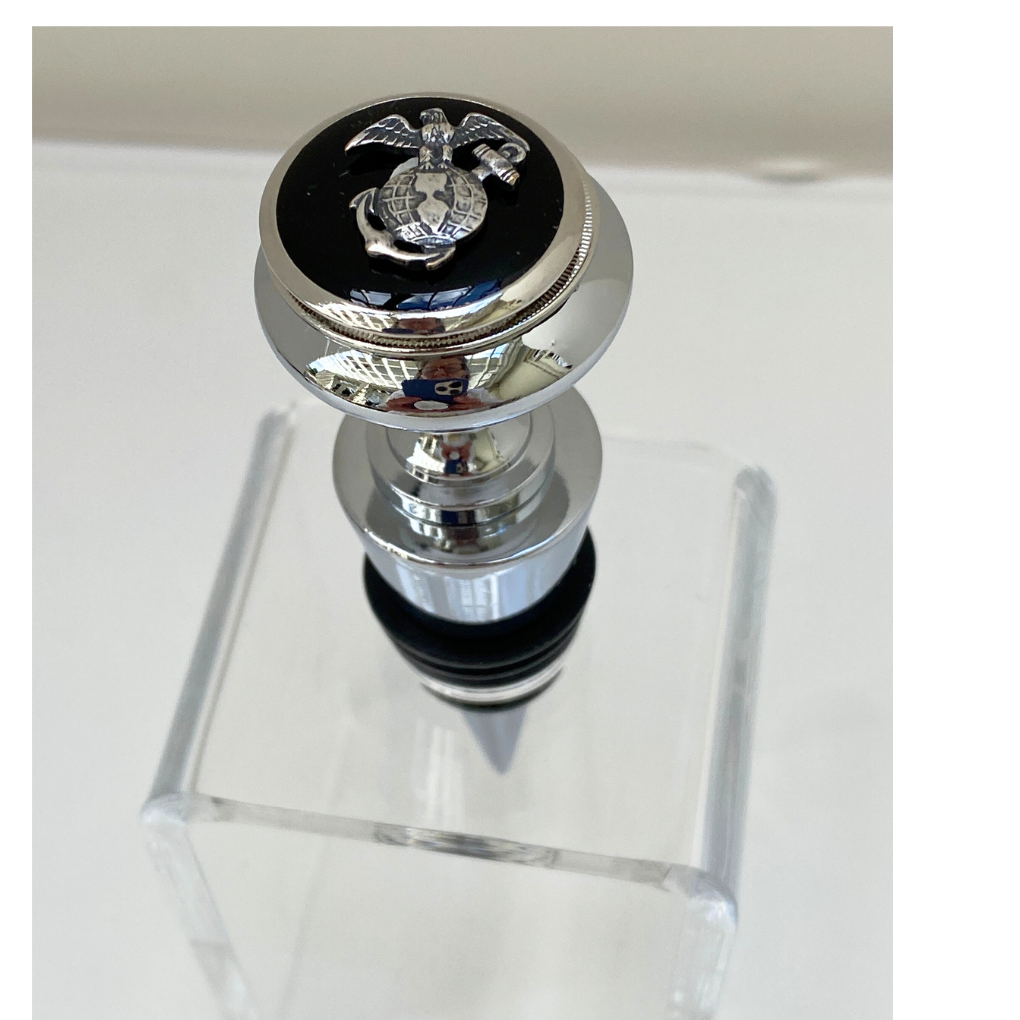 Marine Bottle Stopper with Silver Marine Medallion in a display stand 