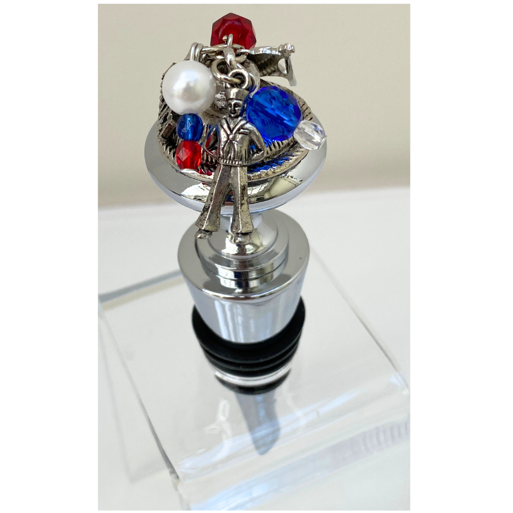 Wine Bottle Stopper with USA Navy theme includes charms and is shown in the display stand