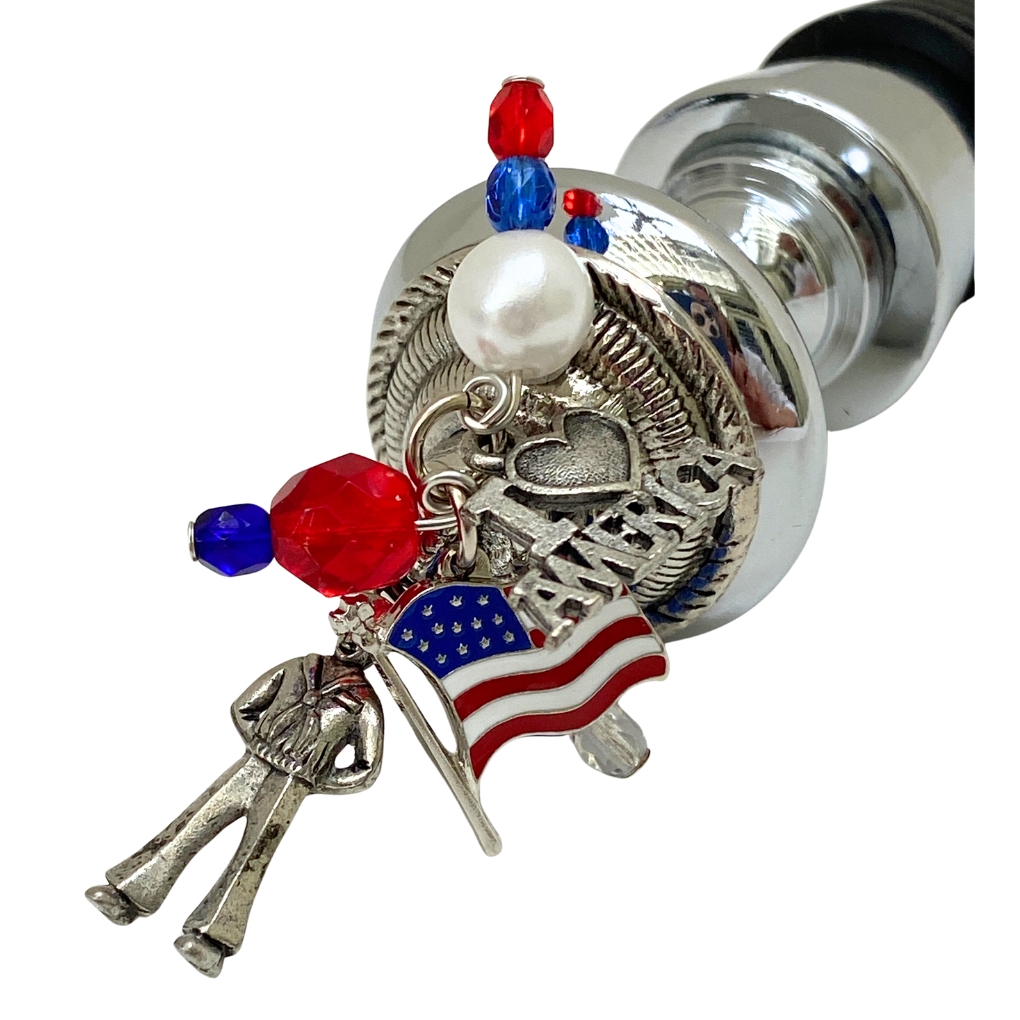 Wine bottle stopper with US Navy theme include charms of American flag, I love America, and a Navy midshipman