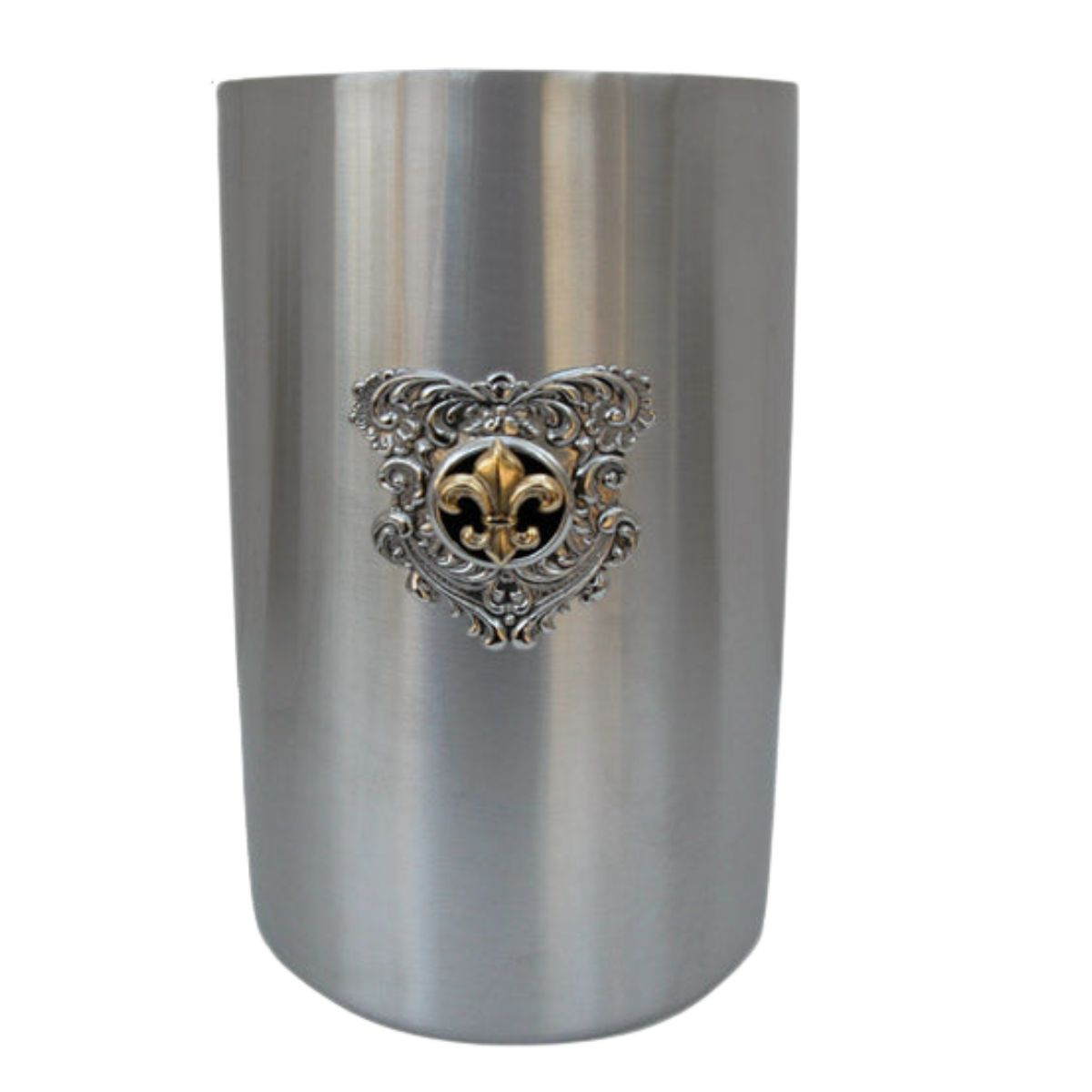 A brushed stainless steel cup featuring an ornate silver and gold fleur-de-lis crest emblem on the front, set against a plain white background.