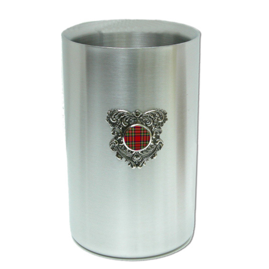 A silver wine cooler with a double-walled insulated design featuring a red plaid silver medallion in the center.