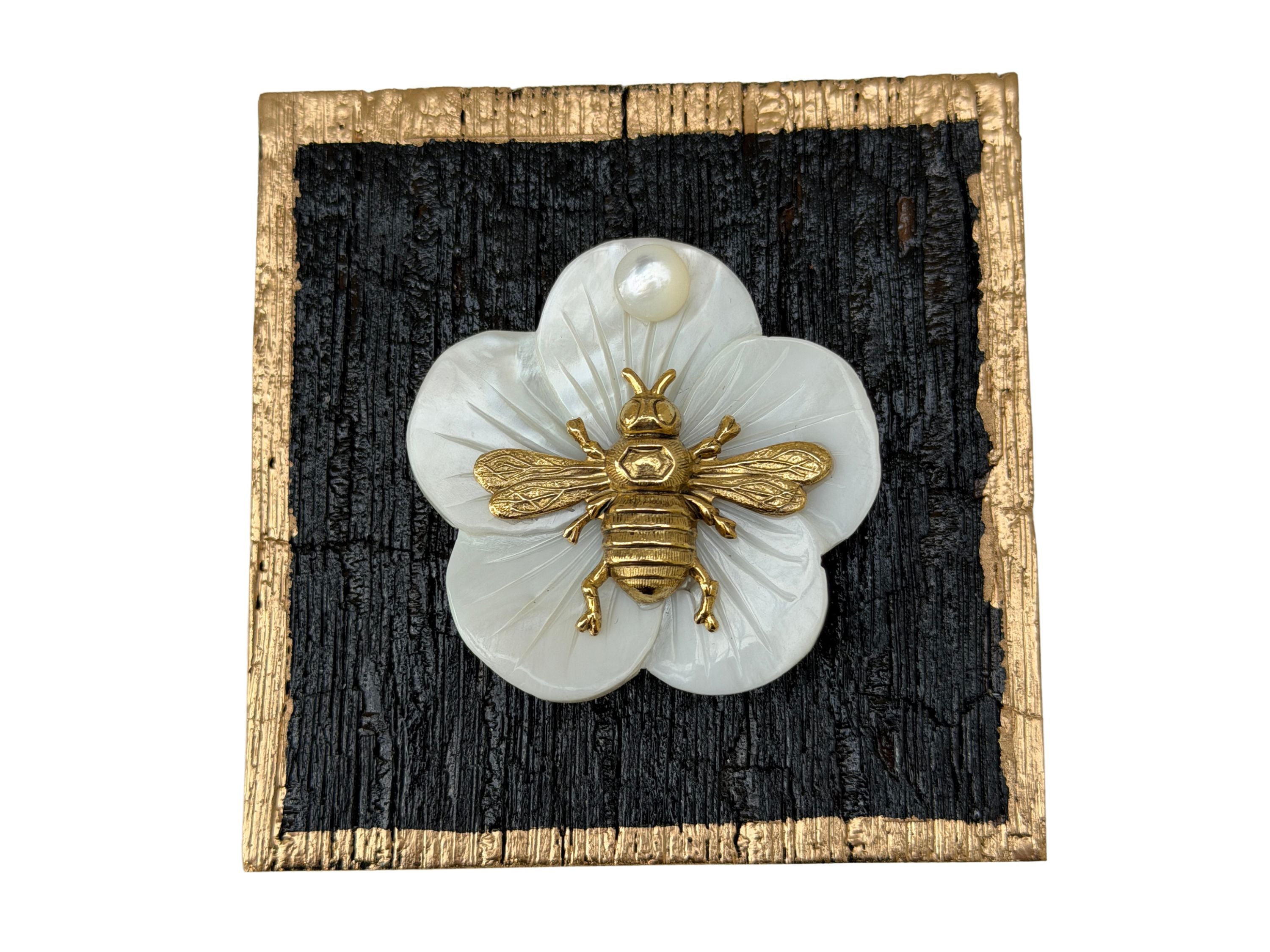 Wooden art with mother of pearl and gold bee.  This art is hand-crafted from bourbon barrel wood.  Great gift for museum bee lovers.