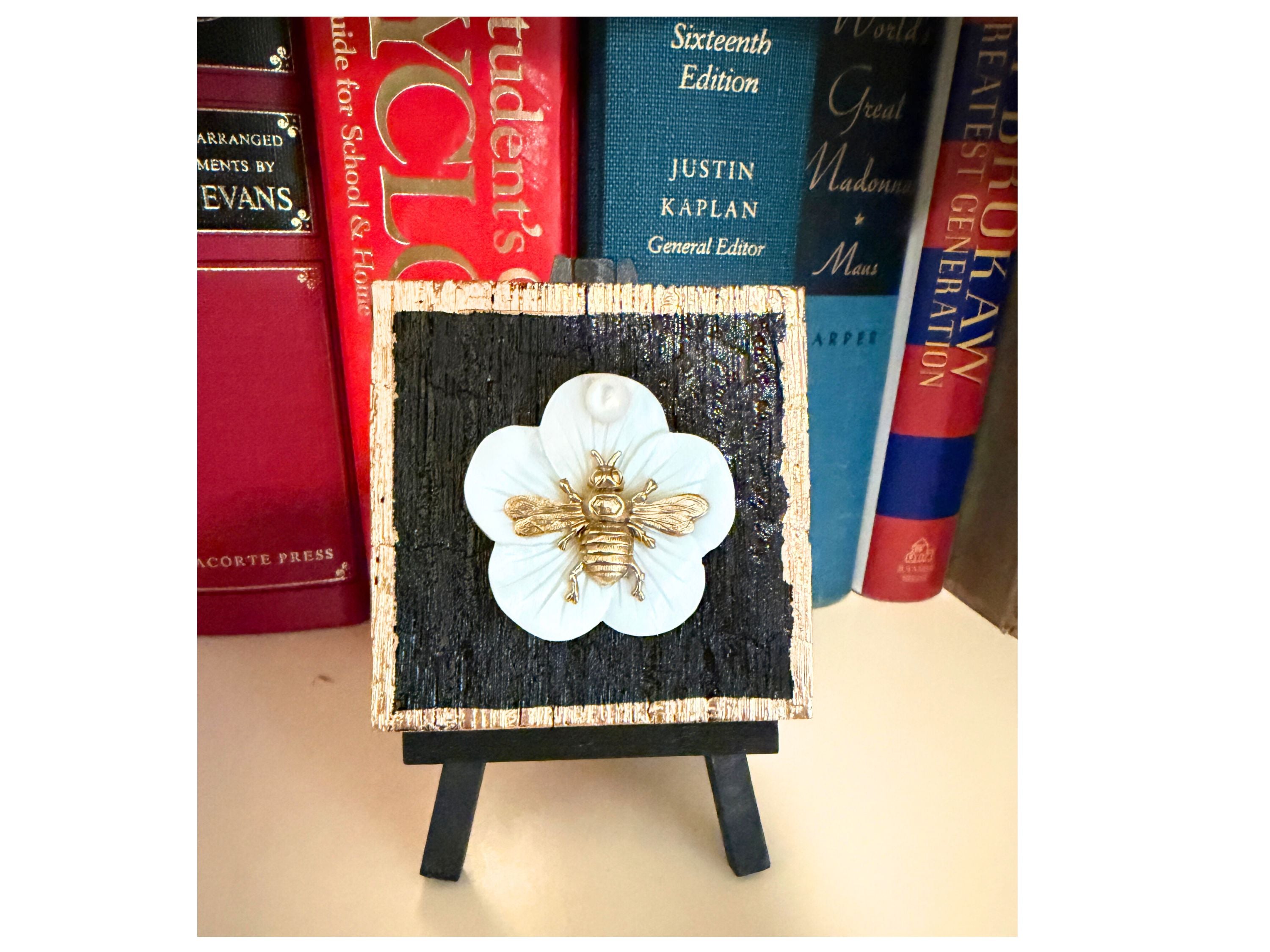 Wooden art with mother-of-pearl and a gold bee.  This art is hand-crafted from bourbon barrel wood. Great gift for museum bee lovers.