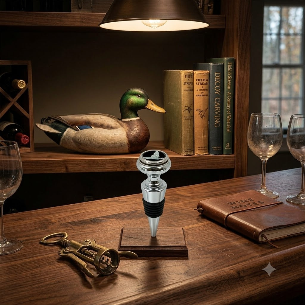 Bottle Stopper with silver setting with black enamel and a silver duck.  It is a great gift for a duck lover and duck hunter.