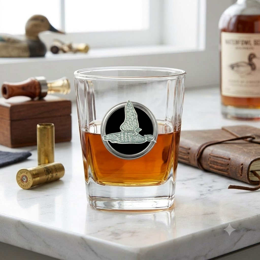 Our bourbon glass for duck hunters features a clear glass  and in the center is a silver medallion with black enamel and a silver duck