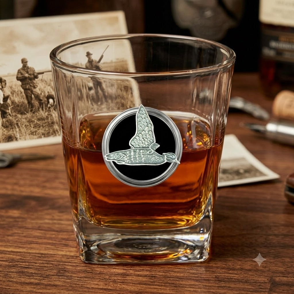 Our bourbon glass for duck hunters features a clear glass  and in the center is a silver medallion with black enamel and a silver duck
